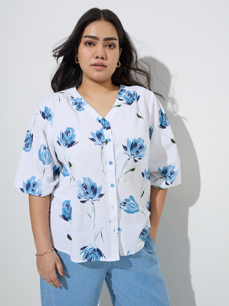 Gia White Floral Printed Cotton-Blend Blouse