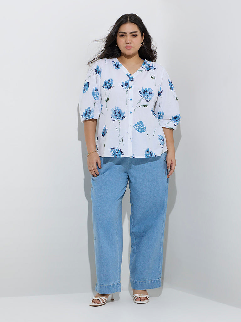 Gia White Floral Printed Cotton-Blend Blouse - Image 3