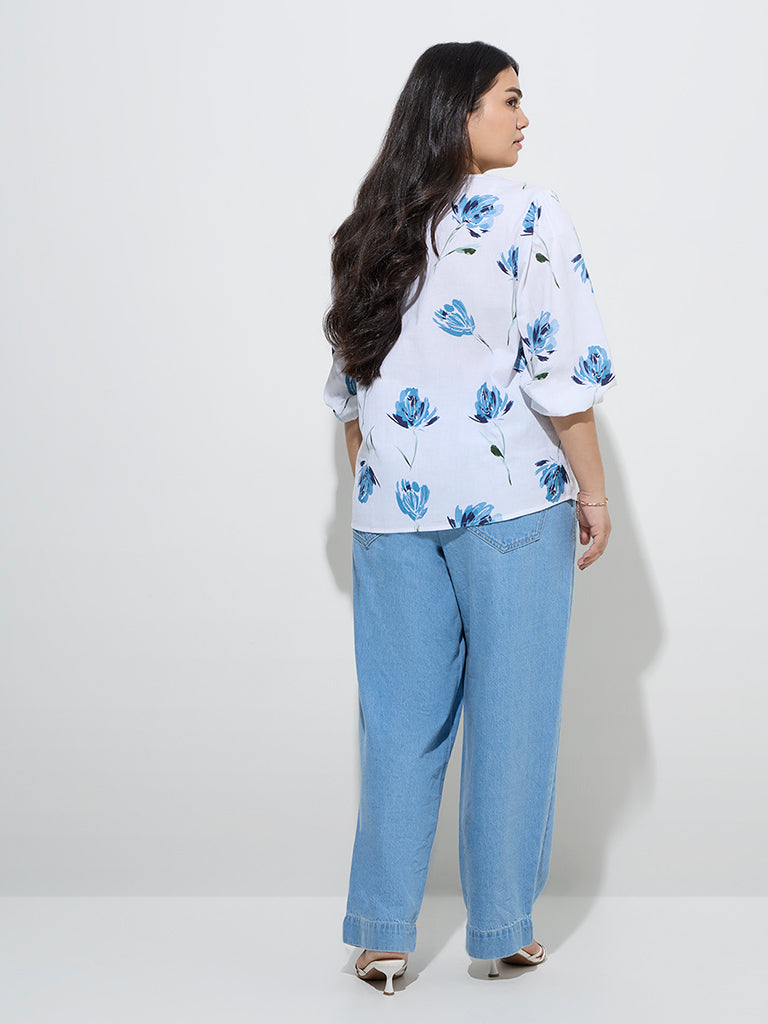 Gia White Floral Printed Cotton-Blend Blouse - Image 4