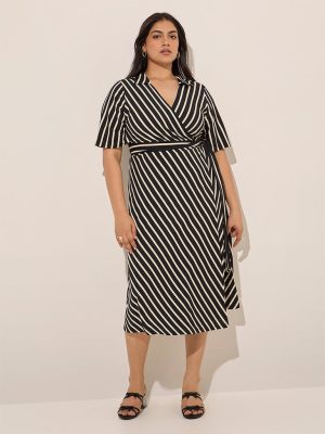 Gia Black Striped Design Wrap-Style Dress