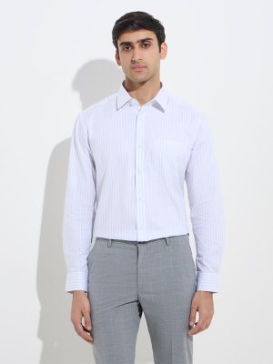 WES Formals White Striped Relaxed-Fit Cotton Shirt