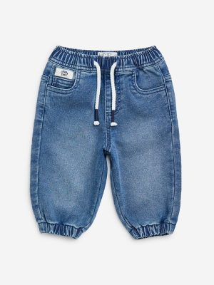 HOP Baby Blue Washed Mid-Rise Denim Joggers