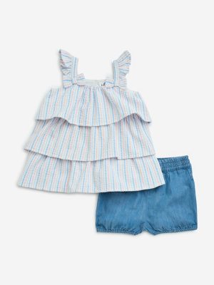 HOP Baby Blue Seersucker Striped Top with Shorts Set