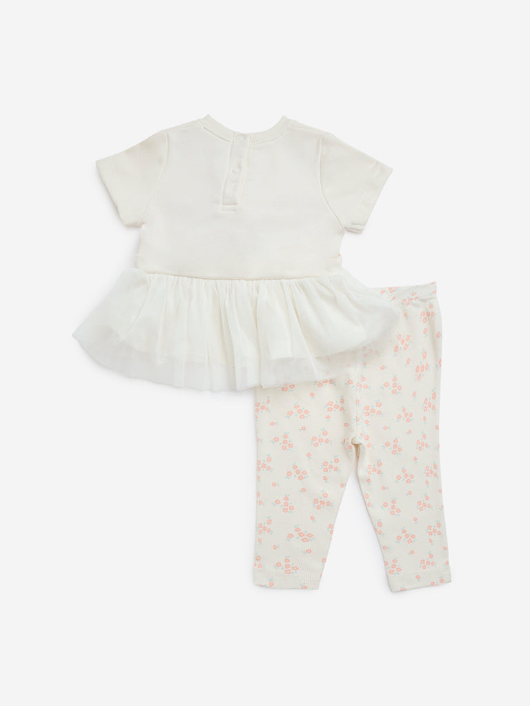 HOP Baby Off-White Floral Cotton-Blend Dress with Pants Set - Image 2