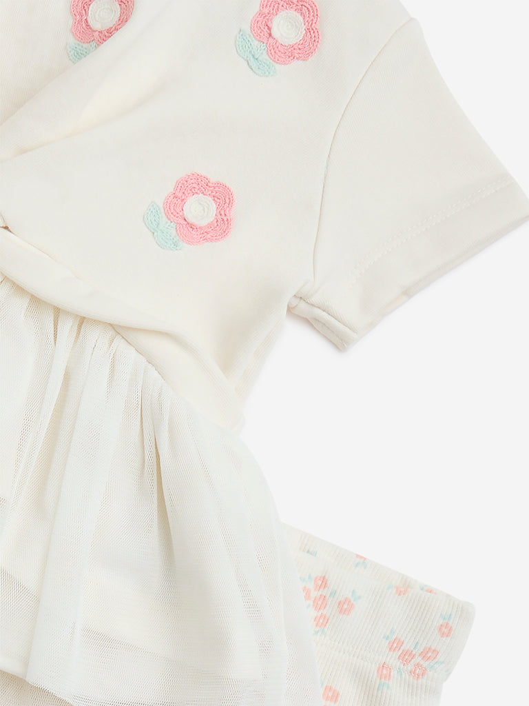 HOP Baby Off-White Floral Cotton-Blend Dress with Pants Set - Image 3