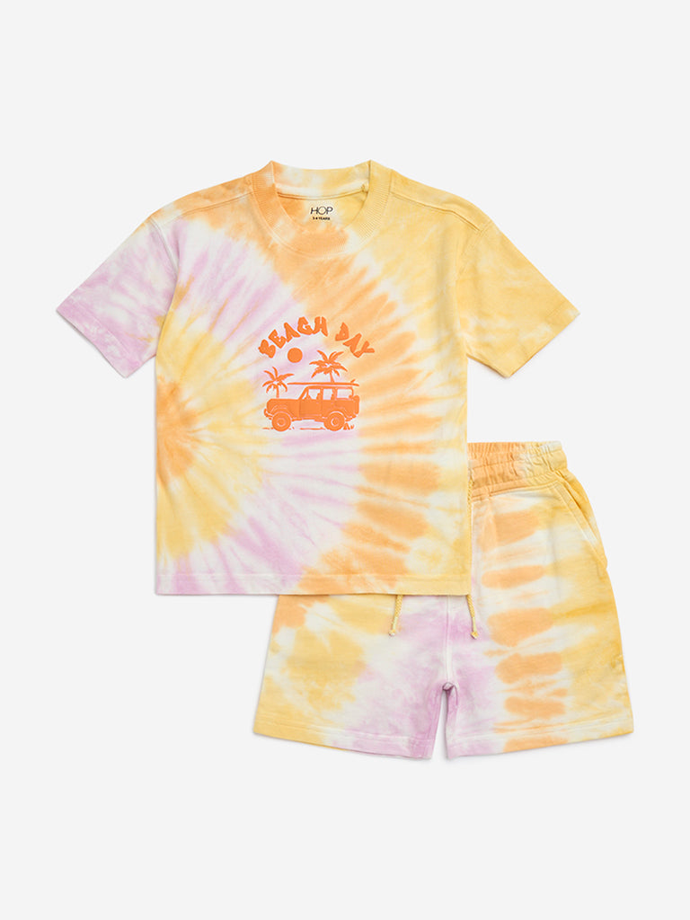 HOP Kids Multicolour Tie-Dye Cotton T-Shirt with Shorts Set