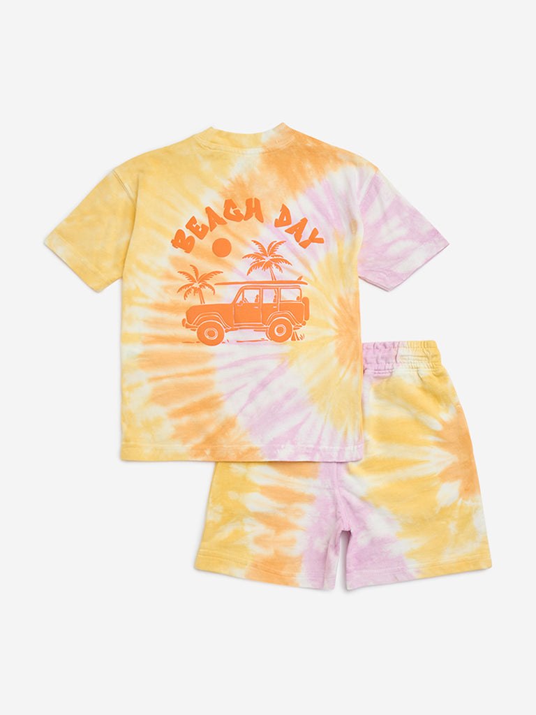 HOP Kids Multicolour Tie-Dye Cotton T-Shirt with Shorts Set - Image 2