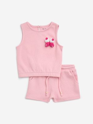 HOP Kids Pink Waffle-Textured Top with Shorts Set