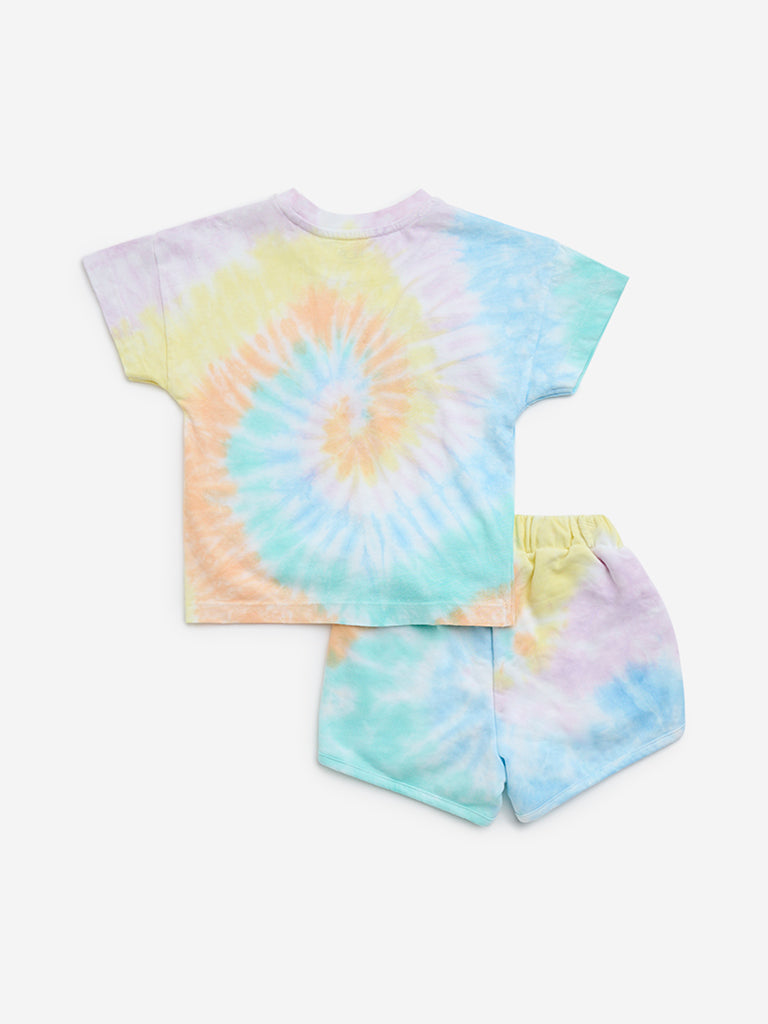 HOP Kids Multicolour Tie-Dye Cotton T-Shirt with Shorts Set - Image 2