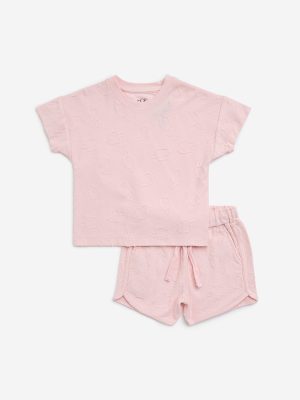 HOP Kids Pink Embroidered Cotton T-Shirt with Shorts Set