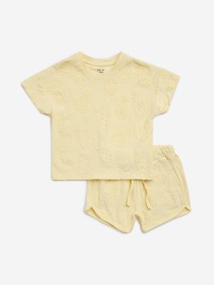 HOP Kids Yellow Embroidered Cotton T-Shirt with Shorts Set