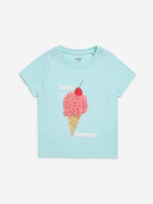 HOP Kids Aqua Ice-Cream Detailed Cotton T-Shirt