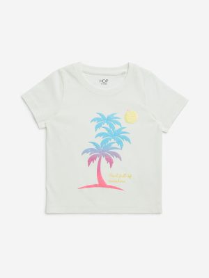 HOP Kids White Tropical Printed Cotton T-Shirt