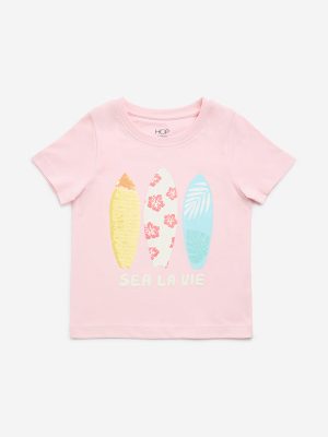 HOP Kids Light Pink Surfboard Print Cotton T-Shirt
