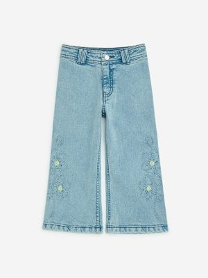 HOP Kids Blue Floral Embroidered Straight-Fit High-Rise Jeans