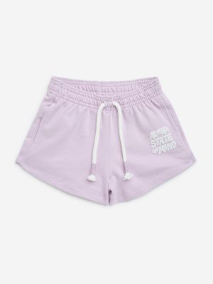 HOP Kids Lilac Text-Printed High-Rise Cotton Shorts