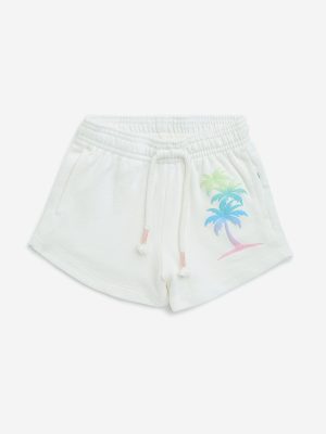 HOP Kids White Tropical Printed High-Rise Cotton Shorts
