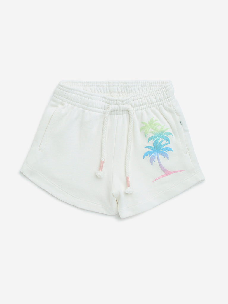 HOP Kids White Tropical Printed High-Rise Cotton Shorts