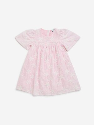 HOP Kids Light Pink Floral Embroidered Cotton A-Line Dress