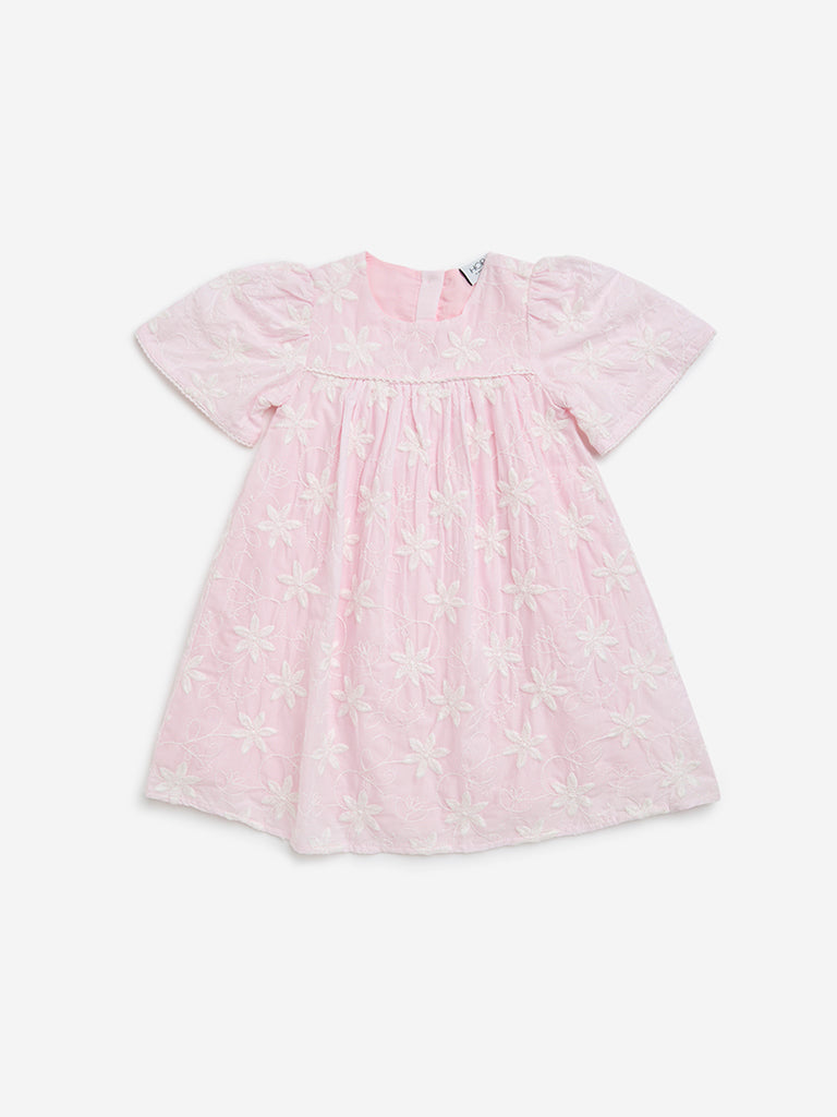 HOP Kids Light Pink Floral Embroidered Cotton A-Line Dress