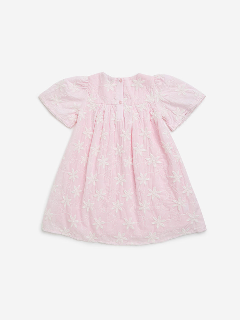 HOP Kids Light Pink Floral Embroidered Cotton A-Line Dress - Image 2