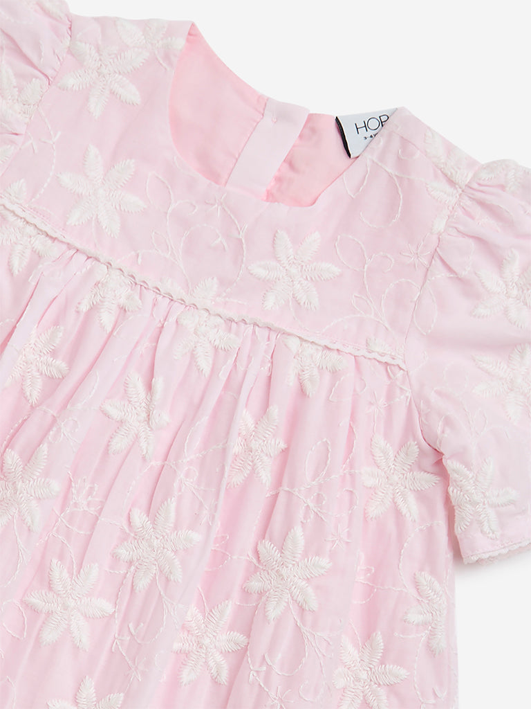 HOP Kids Light Pink Floral Embroidered Cotton A-Line Dress - Image 3