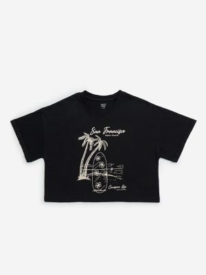 Y&F Kids Black Beach Printed Cotton T-Shirt
