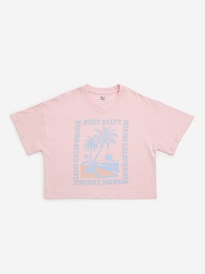 Y&F Kids Pink Beach Printed Cotton T-Shirt