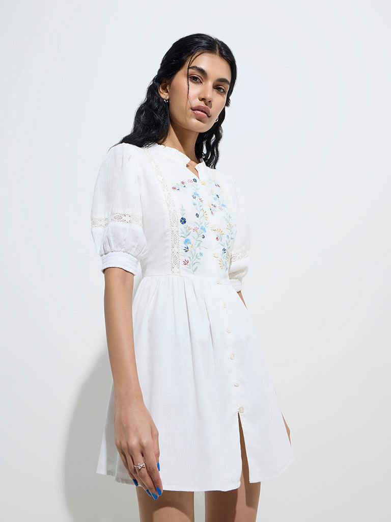 Bombay Paisley White Floral Embroidered Cotton A-Line Dress