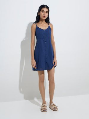 Bombay Paisley Indigo Seersucker Striped Cotton Slip Dress