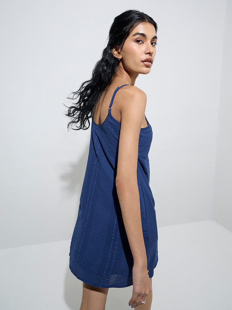 Bombay Paisley Indigo Seersucker Striped Cotton Slip Dress - Image 4