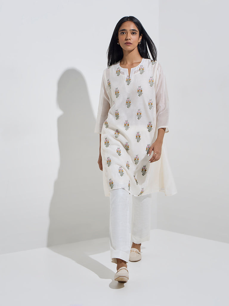 Zuba White Cotton-Blend Straight-Fit Kurta with Inner