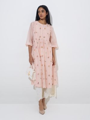 Zuba Peach Floral Embroidered A-Line Kurta with Inner