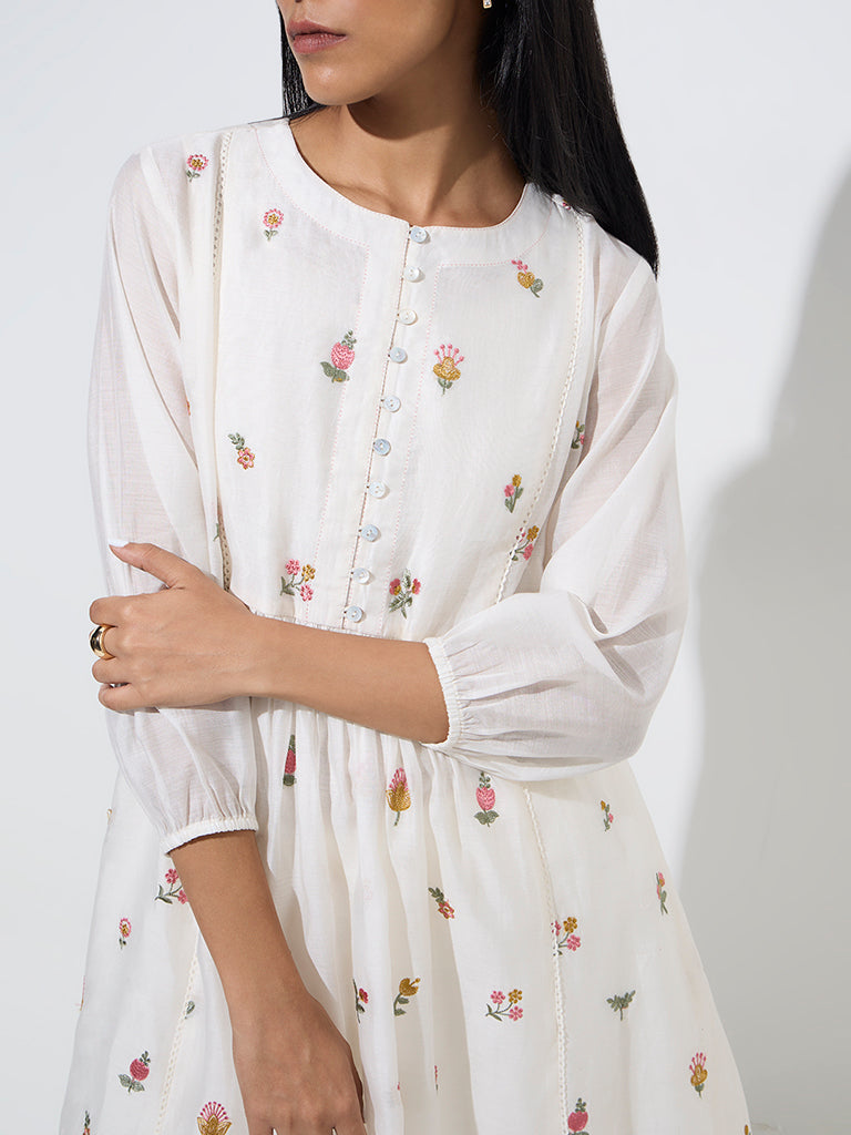 Zuba White Floral Embroidered A-Line Kurta with Inner - Image 2