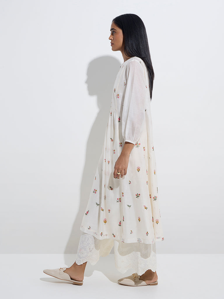 Zuba White Floral Embroidered A-Line Kurta with Inner - Image 3