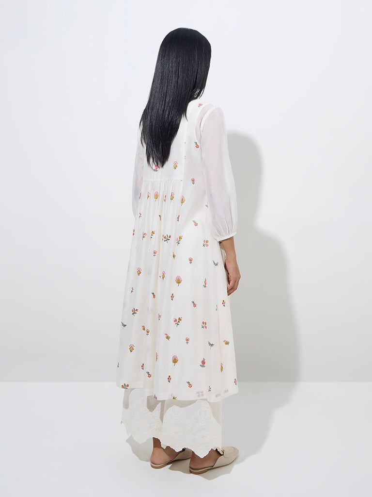Zuba White Floral Embroidered A-Line Kurta with Inner - Image 4