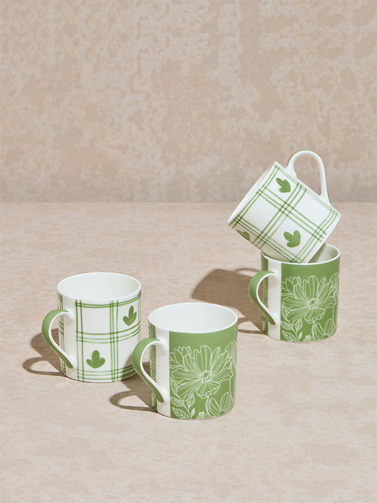 Westside Home Green Botanical Design Mugs (Set of 4)