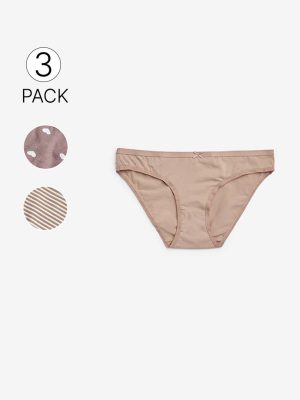 Wunderlove Taupe Print Cotton-Blend Bikini Briefs - Pack of 3