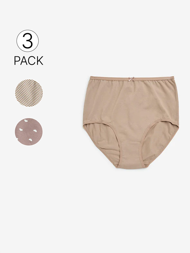 Wunderlove Taupe Printed Cotton-Blend Briefs - Pack of 3