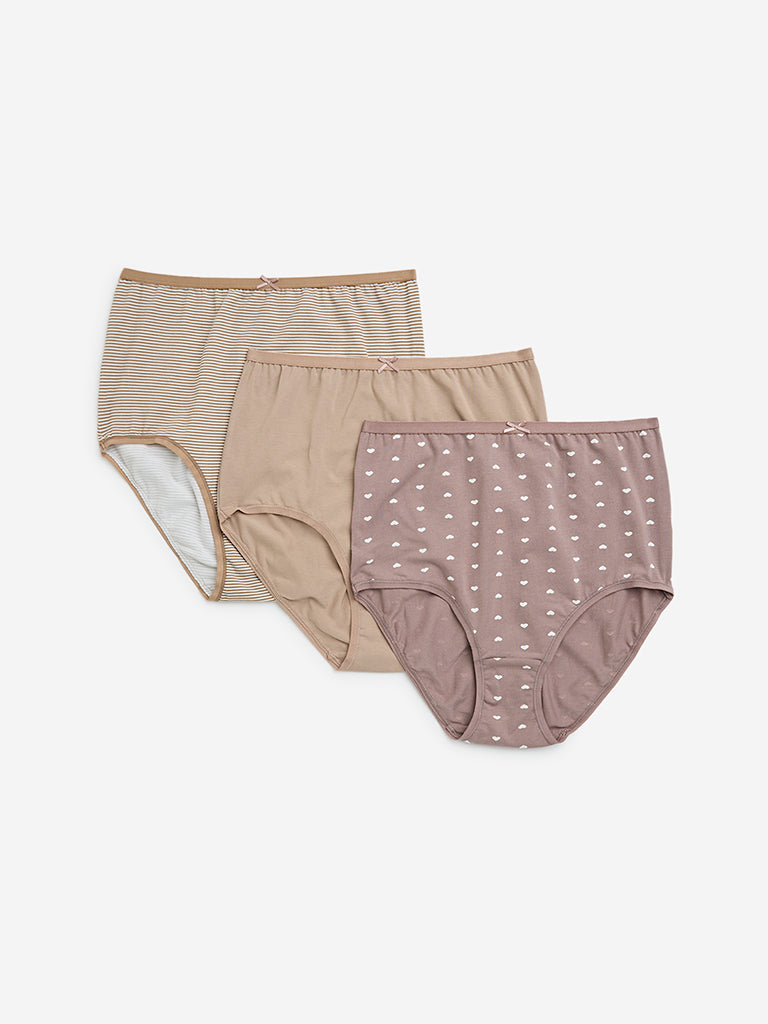 Wunderlove Taupe Printed Cotton-Blend Briefs - Pack of 3 - Image 5