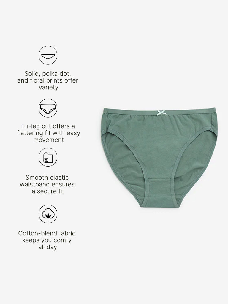 Wunderlove Green Cotton-Blend Hi-Leg Briefs - Pack of 3 - Image 4
