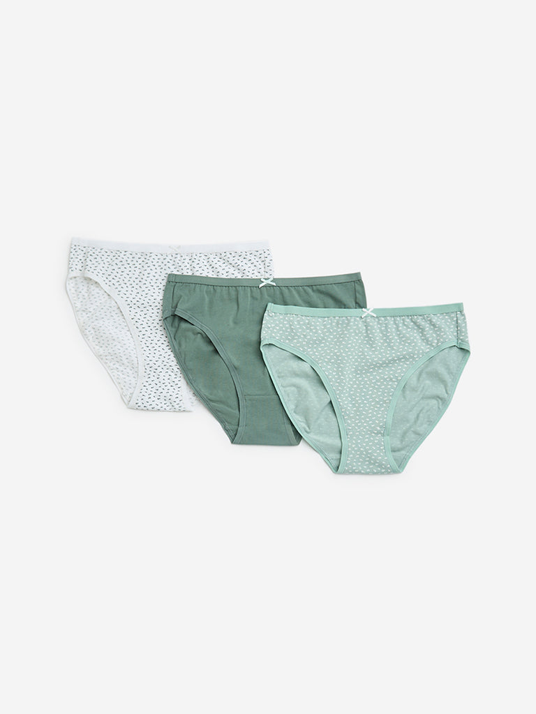Wunderlove Green Cotton-Blend Hi-Leg Briefs - Pack of 3 - Image 5