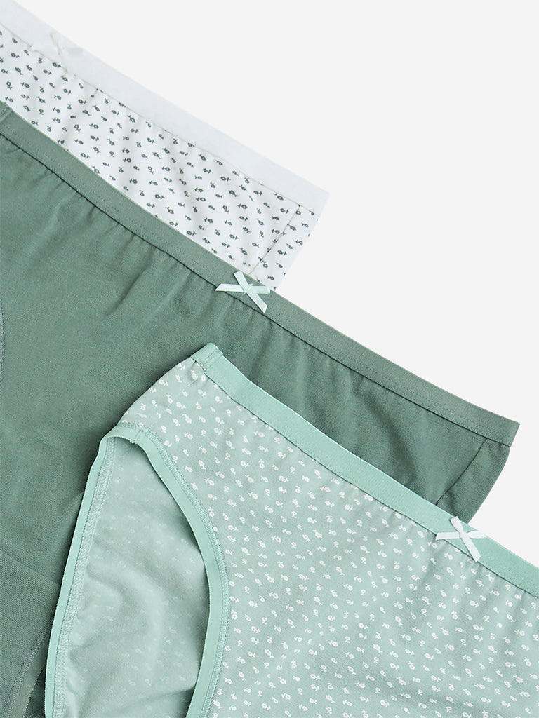 Wunderlove Green Cotton-Blend Hi-Leg Briefs - Pack of 3 - Image 7