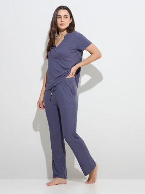 Wunderlove Grey Ribbed-Textured High-Rise Lounge Pants