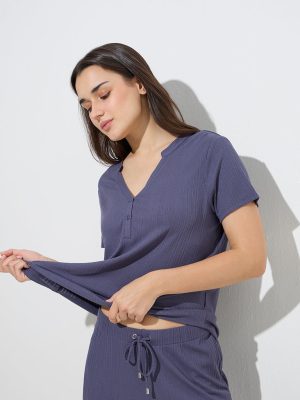 Wunderlove Grey Ribbed-Textured Henley Top