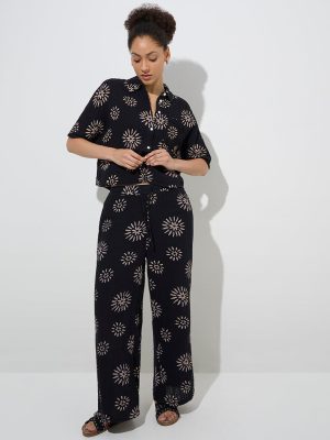 Wunderlove Black Floral Design Mid-Rise Cotton Beach Pants