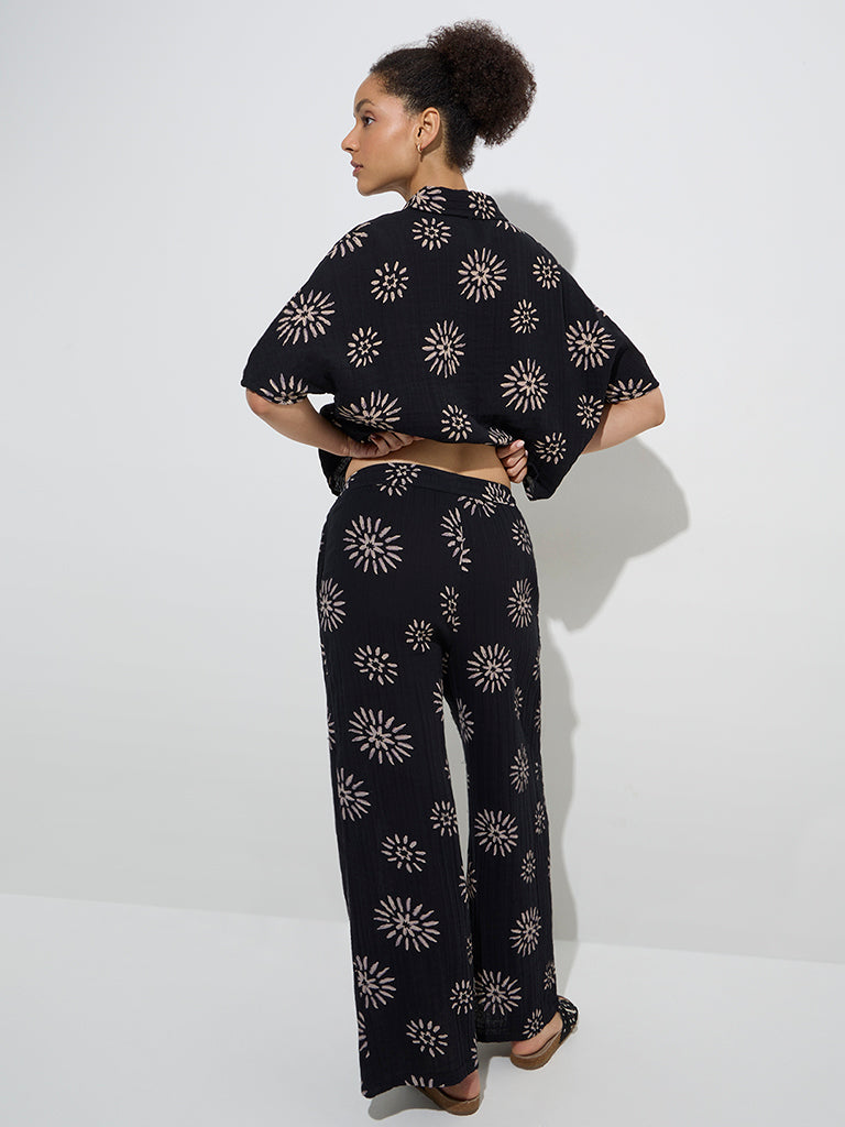 Wunderlove Black Floral Design Mid-Rise Cotton Beach Pants - Image 4