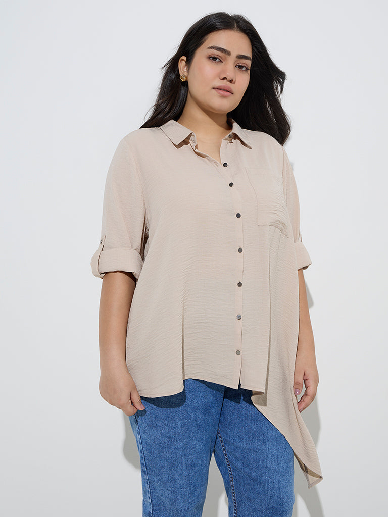 Gia Beige Crinkle-Textured Asymmetrical Blouse