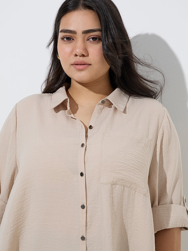 Gia Beige Crinkle-Textured Asymmetrical Blouse - Image 2