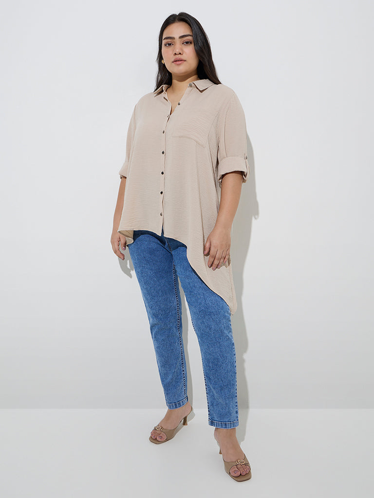 Gia Beige Crinkle-Textured Asymmetrical Blouse - Image 3